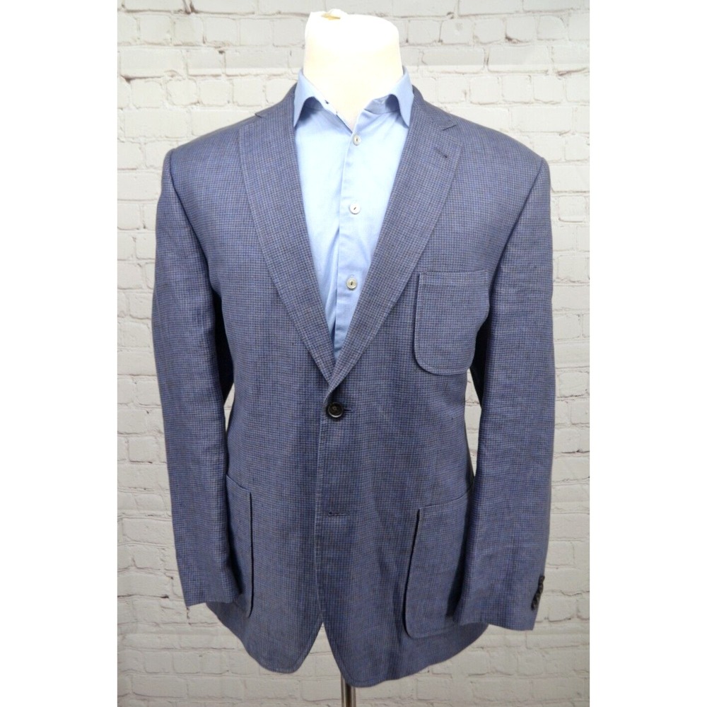 KROON Men's 100% Linen 2 Button Sport Coat SIZE 44R Blue / Brown Houndstooth
